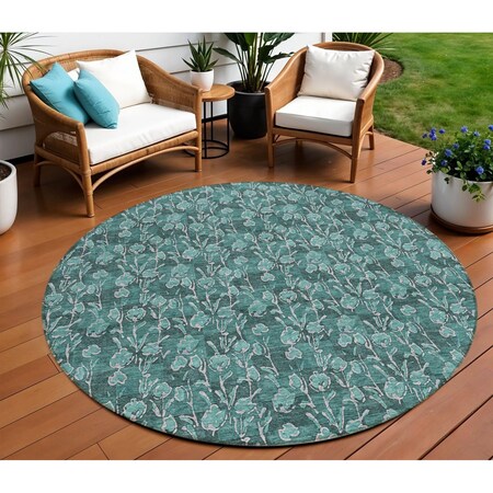 Homeroots 8' Teal Blue Aqua And Ivory Round Floral Washable Indoor Outdoor Area Rug 581926