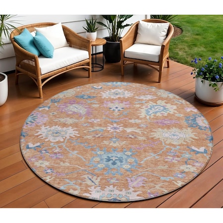 Homeroots 8' Orange Pink And Denim Blue Round Floral Washable Indoor Outdoor Area Rug 605315