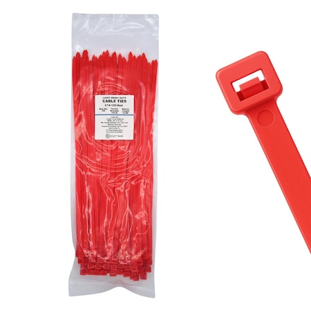 Cable Ties Unlimited Cable Tie, 14 in L, 120 lb Strength, 4 in Max Bundle Dia, Nylon 6/6, Red 100PK C14-120-Red