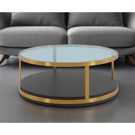 Homeroots 43" Clear And Black Gold Glass And Solid Wood and Metal Round Coffee Table With Shelf 520591