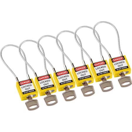 Brady Compact Nylon Padlock 4.2 in Steel Shackle KA Yellow with 7.87 in Cable 6PK 146129