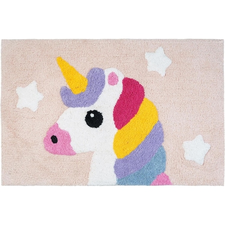 Homeroots 32" Pink And Yellow Cotton Unicorns Youthful Bath Rug 635395