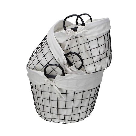 Homeroots Set Of Three Black Oval Wire Baskets with White Fabric Liners and Handles 379831