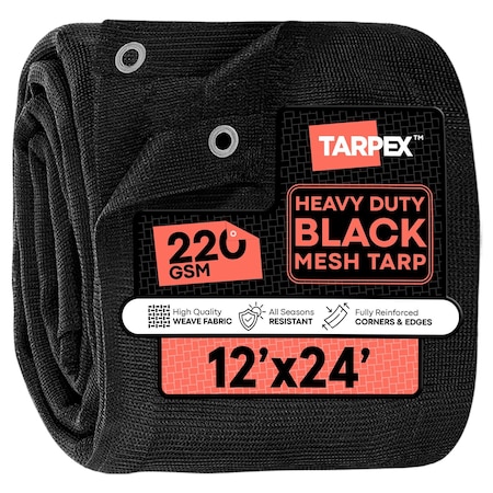 Tarpex Heavy Duty Mesh Tarp, 12 ft x 24 ft, 220 GSM, Black, Polyethylene BMT-TA-1224