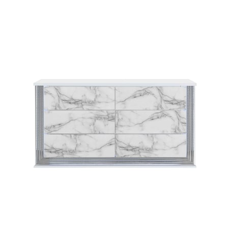 Homeroots 61" White Faux Marble And Wood Lighted Six Drawer Double Dresser 564684