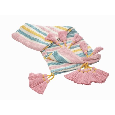 Homeroots 60" X 50" Blue and Pink Woven Cotton Striped Throw Blanket with Tassels 516622