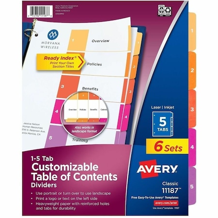 Avery Dennison Avery Ready Index T.O.C. Reference Divider, 1 to 5, 8.5"x11", 5 Tabs, 6 Sets, White/Multi 11187