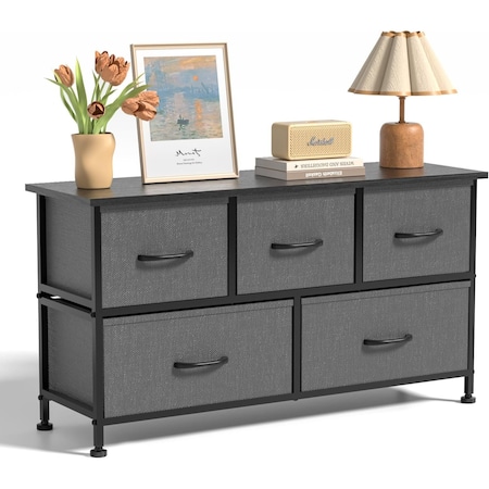 Simple Deluxe 5 Drawers Dresser for Bedroom, Wide Chest of Drawers, Storage Organizer Units with Fabric Bins for 3A88HKCABT5GRY