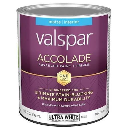 Valspar Accolade 1100 Latex Paint, Acrylic Base, Matte, Ultra White, 1 qt, Plastic Can 028.0011002.005