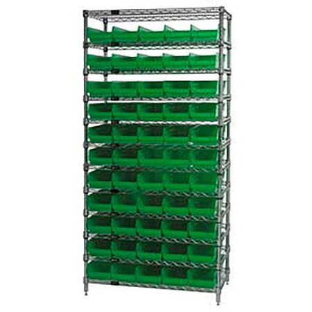 Global Industrial Chrome Wire Shelving with 55 4"H Plastic Shelf Bins Green, 36x18x74 268973GN