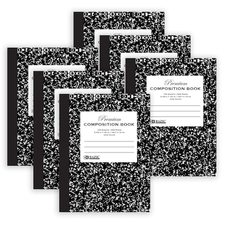 Bazic Products Premium Composition Book, Wide Ruled, Black Marble, 100 Sheets, 6PK 5090