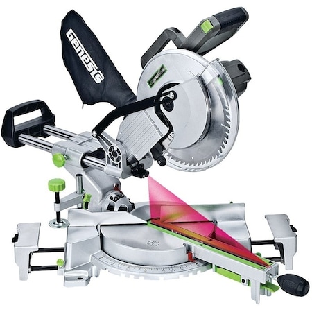 Genesis Miter Saw, 3 x 12 in at 0 x 90 deg, 3 x 8-1/4 in at 45 x 90 deg Cutting, 10 in Dia Blade GMSDR1015LC