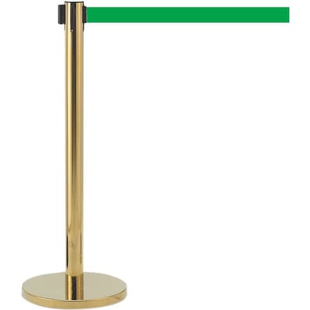 Retractable Belt Barrier, Brass Finish/Green Belt, 7 ft Length, Brass
