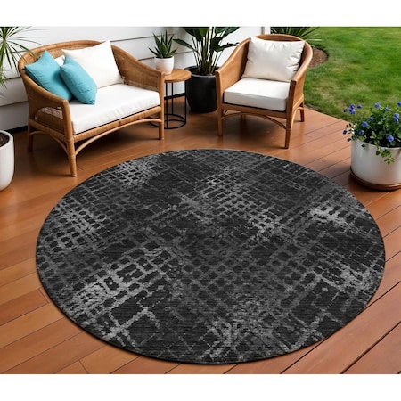 Homeroots 8' Charcoal Gray And Silver Round Geometric Washable Indoor Outdoor Area Rug 588294