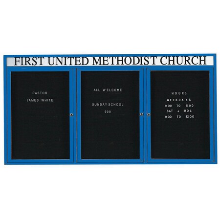 Aarco Enclosed Letter Board Directory w/ Powder Coated Blue Aluminum Frame and Header, 48''Hx96''W, 3 Doors ADC4896-3HB