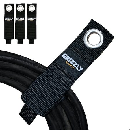 Grizzly Supply Storage Strap, 10 in L, 1.5 in W, Hook and Loop Closure, Metal Grommet, Reusable, Black, 3PK GS-HLSS10-0
