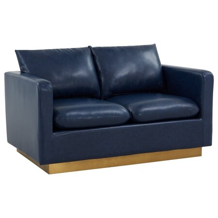Leisuremod Nervo Upholstered Leather Loveseat with Gold Frame, Navy Blue NS55BU-L