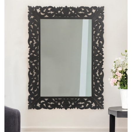 Homeroots 47" Black  Floral Carved Solid Wood Framed Accent Mirror 521567