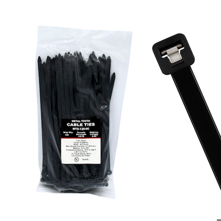 Cable Ties Unlimited Metal Tooth Cable Tie, 8 in L, 120 lb Strength, 2.2 in Max Bundle Dia, Nylon, UV-Rated, Black, 100PK MT8-120-0C