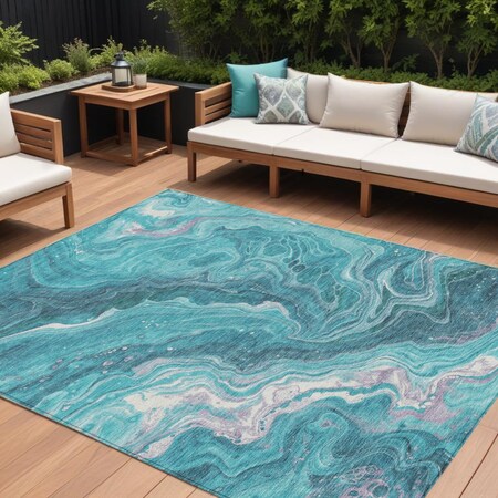 Homeroots 8' X 10' Teal Blue Gray And Ivory Abstract Washable Indoor Outdoor Area Rug 618211
