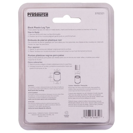 Prosource Furniture Leg Tip, Round, Plastic, Black, 1/2 in Dia, 5/8 in H FE-50601-PS