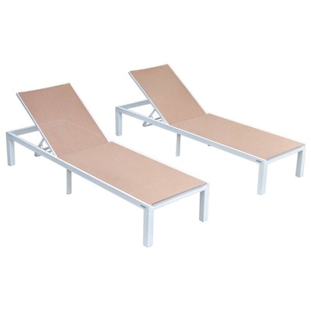 Leisuremod Marlin Patio Chaise Lounge Chair with White Aluminum Frame, Light Brown, 2PK MLW-77LBR2