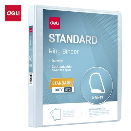 Deli Std Duty View Binder 0.5in, Letter, D-Ring, PVC-Free, White, 12PK CF566-WH