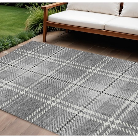 Homeroots 10' X 14' Gray Black And Ivory Plaid Washable Indoor Outdoor Area Rug 596344
