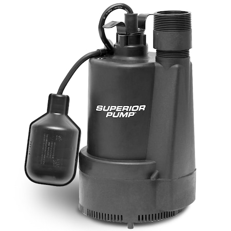 Superior 1/3HP Sump Pump, Reinforced Fiberglass Thermoplastic, Submersible, w/ Piggy-Back Tether Float Switch 92330