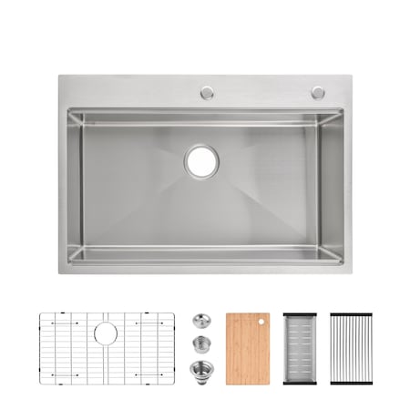 Wrightmaster 33 in. Drop-In Single Bowl 20 Gauge Silver Stainless Steel Kitchen Sink with Drain and Hook ZOR-BR01-332208