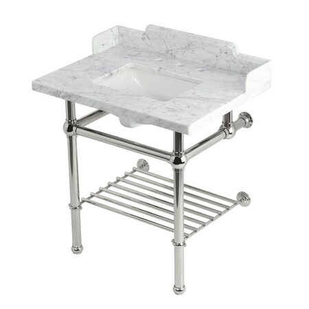 Kingston Brass 30-Inch Carrara Marble Console Sink with Brass Legs and Shelf, 8-Inch, 3-Hole LMS3030MBSQB6