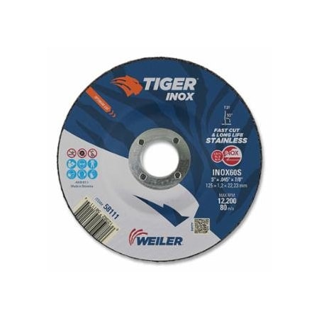 Weiler Tiger Inox Grinding Wheel, 5 in x .045 in , 7/8 AH, 25PK 804-58111
