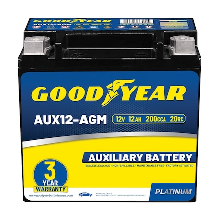 Goodyear AUX12-AGM 12V 12 AH, 20RC, 200 CCA Platinum series Rechargeable AGM Auxiliary Battery GY4143261