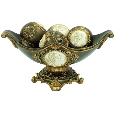 Homeroots 8" Bronze Polyresin Classical Greek Decorative Bowl With Orbs 468311
