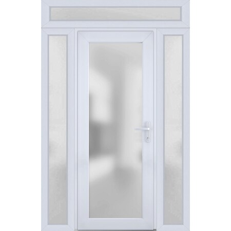 Vdomdoors Front Exterior Prehung FiberGlass Door Frosted Glass / Manux 8102 White Silk / 2 Sidelight and Tran MANUX8102EXD-WS-W14+36+14 x H80+14-LH