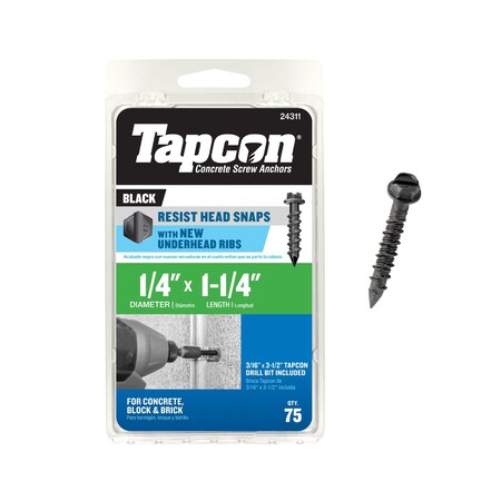 Tapcon 1/4 x 1-1/4 in Black Hex Head Concrete Anchors Climaseal Coating, Drill Bit Included, 75PK 24311