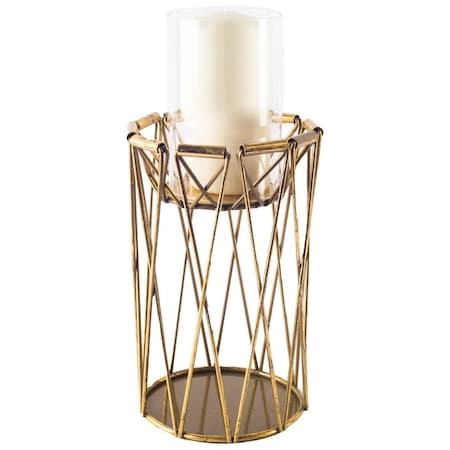 Homeroots 10" Antiqued Brass Distressed Geometric Metal And Glass Tabletop Hurricane Candle Holder 608381