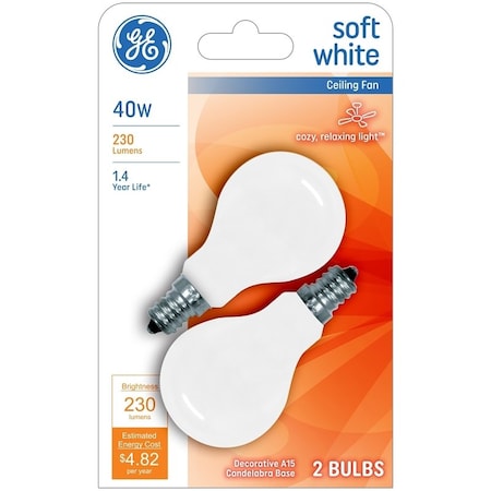 Ge Ceiling Fan Bulb, 40 W, A15 Lamp, E12 Candelabra Lamp Base, 230 Lumens, 2500 K Color Temp, PK2 71394