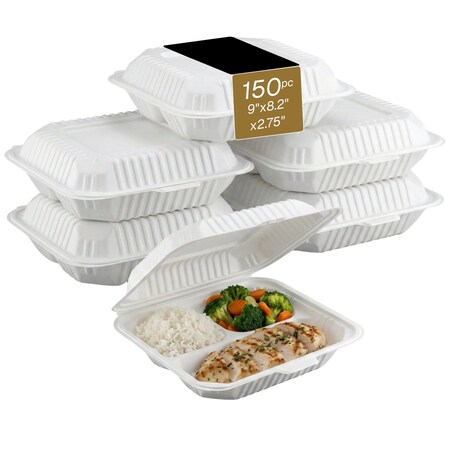 Eco Harmony Products Clamshell Hinged Food Storage Container, MFPP, Center Slide, 3 compartments, 9" x 8.2", 150PK 804601