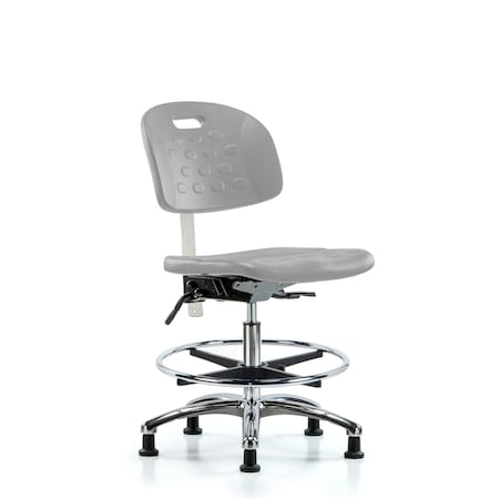 Blue Ridge Ergonomics Class 10 Poly Clean Room Chair-Medium Bench Height with Chrome Foot Ring&Stat Glides in Gray Poly CLR-HPMBCH-CR-T0-A0-CF-RG-GRY