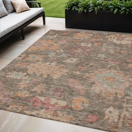 Homeroots 5' X 8' Brown Tan And Terra Cotta Floral Washable Indoor Outdoor Area Rug 604109