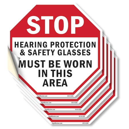 Signmission Stop Hearing Protection & Safety Gl, 4 inch X 4 inch, Vinyl Decal, 5PK OC-D-5PACK-4-220