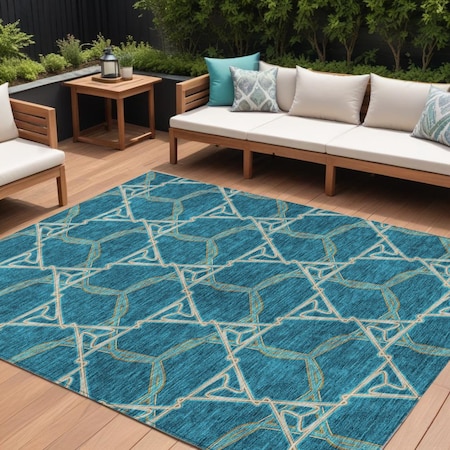 Homeroots 9' X 12' Teal Blue And Beige Geometric Washable Indoor Outdoor Area Rug 613528