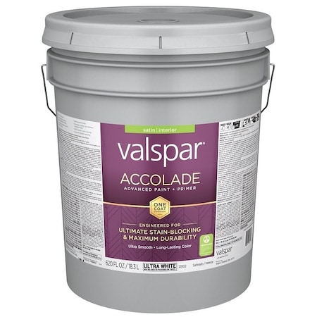 Valspar Accolade 1200 Latex Paint, Acrylic Base, Satin, Ultra White, 5 gal, Plastic Pail 028.0012002.008
