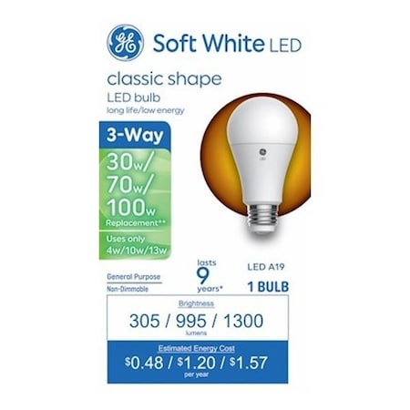 Ge Basic Series Light Bulb, Three-Way, A19 Lamp, 100 W Equivalent, DC Medium Lamp Base 93131783