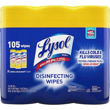 Lysol Disinfecting Wipes, 1-Ply, 7 x 7.25, Lemon and Lime Blossom, White, 35 Wipes/Canister, PK12 REC 81145