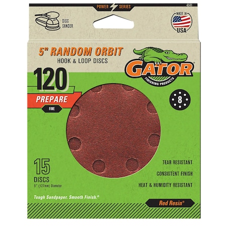 Gator Finishing Red Resin 5 in. Random Orbit Hook and Loop Sanding Discs, 120 Grit, Fine, 15PK 4141