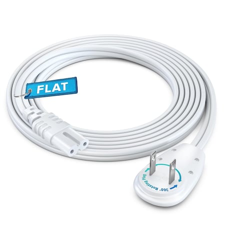 Maximm 6ft 2-Prong TV Power Cord, 360 degrees Flat Plug, Non-Polarized UL, White ADW-90A-C7F06-16W0