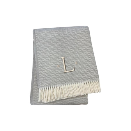 Homeroots 55" X 70" Gray White Herringbone Cotton Blend L Initial Throw Blanket with Tassels Embroidery 655535