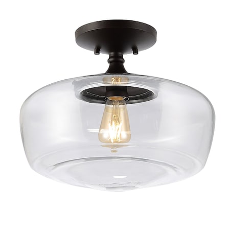 Jonathan Y Marfa 14" 1-Light Modern Farmhouse Schoolhouse Frosted Glass/Metal LED Semi Flush Mount, Oil Rubbed B JYL7517A